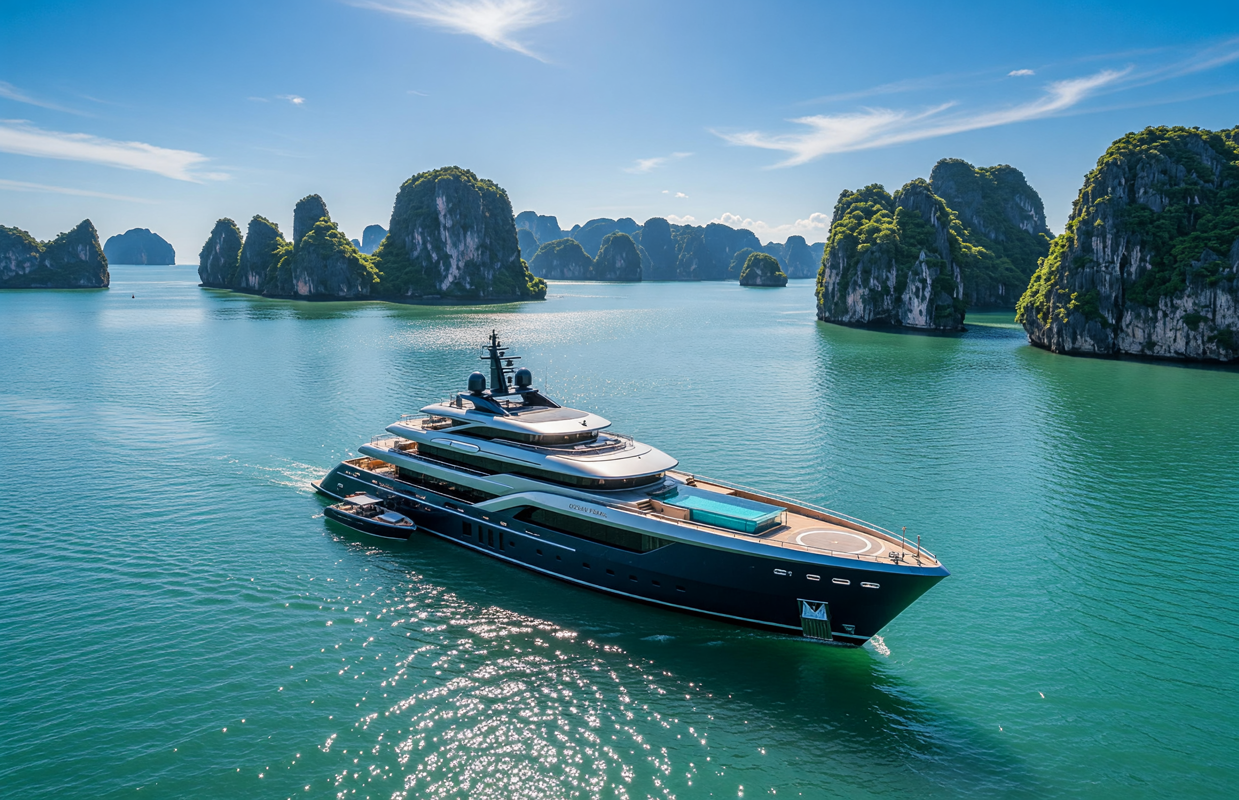 Luxurious 5-star cruise ship surrounded by limestone islands in Ha Long Bay